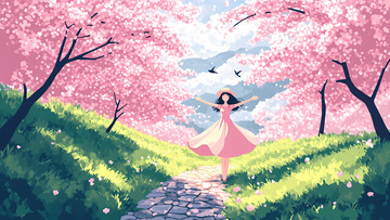 创意卡通手绘春天樱花树下的少女插画