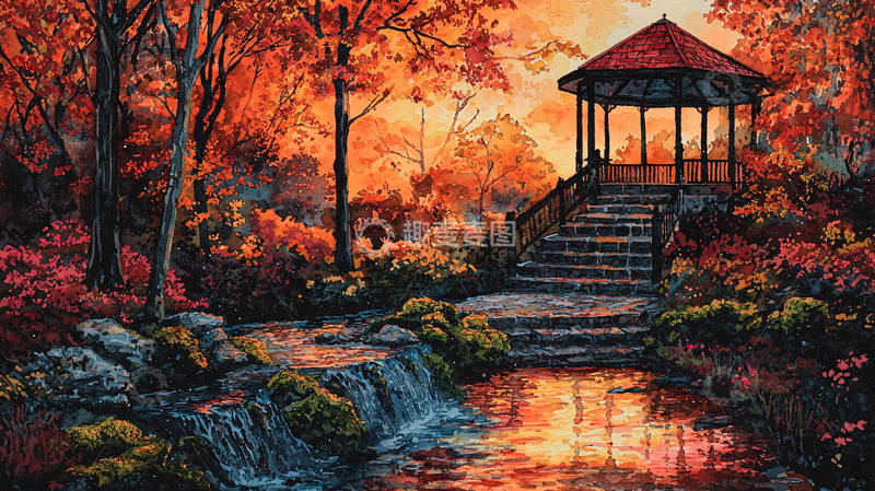 高清大图下载【趣麦麦图】秋日公园凉亭景色