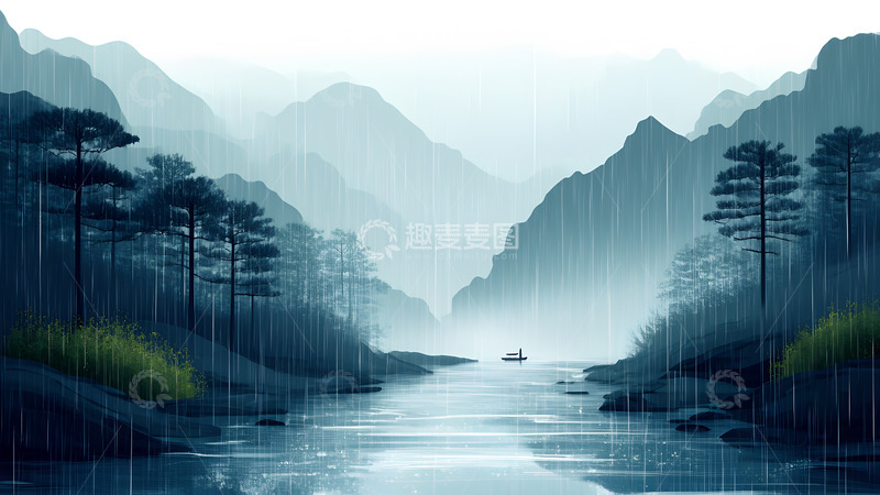 高清大图下载【趣麦麦图】卡通山水风景烟雨朦胧下雨天插画