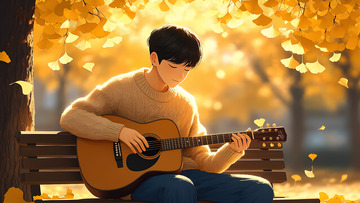 卡通手绘公园里弹吉他的男孩插画1