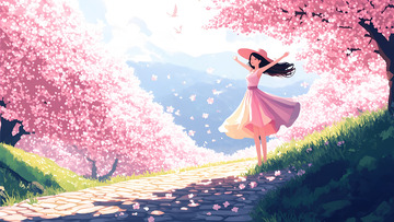 创意卡通手绘春天樱花树下的少女插画2