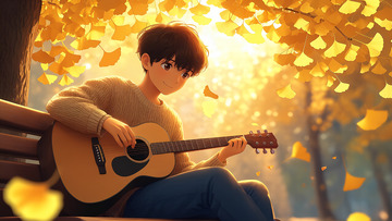 卡通手绘公园里弹吉他的男孩插画