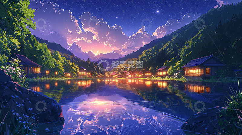 高清大图下载【趣麦麦图】梦幻山村夜景