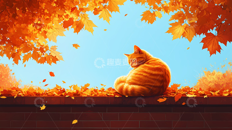 高清大图下载【趣麦麦图】卡通手绘秋天围墙上的猫咪插画