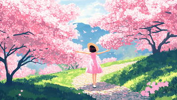 创意卡通手绘春天樱花树下的少女插画1