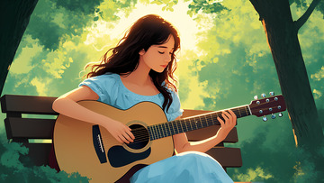 卡通手绘公园里弹吉他的女孩插画