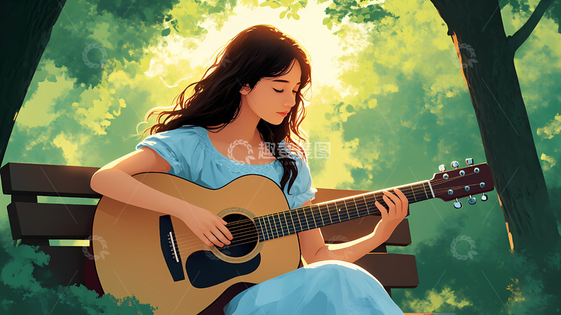 高清大图下载【趣麦麦图】卡通手绘公园里弹吉他的女孩插画