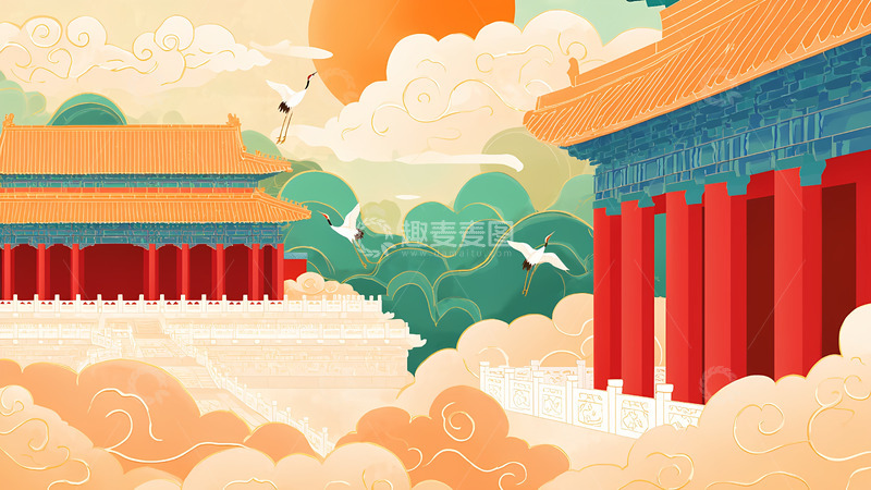 高清大图下载【趣麦麦图】创意卡通手绘国潮风中式建筑插画