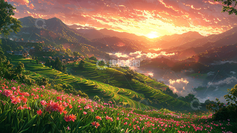 高清大图下载【趣麦麦图】日出山峦花海