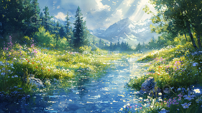 高清大图下载【趣麦麦图】阳光明媚的阿尔卑斯山谷