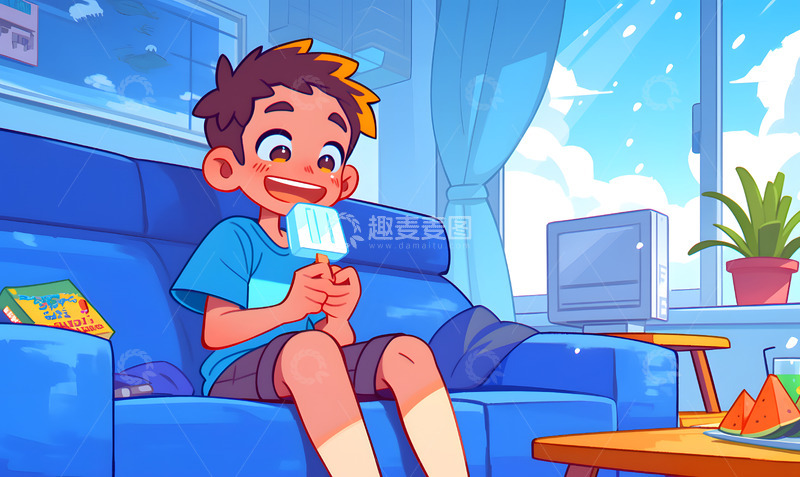 高清大图下载【趣麦麦图】小男孩冰棍夏日氛围手绘插画1