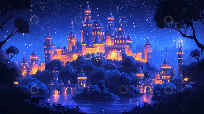 高清大图下载【趣麦麦图】梦幻星空下的城堡