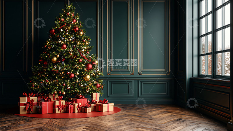 高清大图下载【趣麦麦图】深色背景圣诞树与礼物