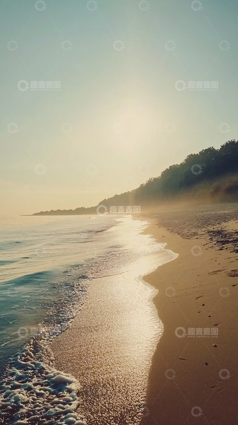 高清大图下载【趣麦麦图】清晨沙滩海浪阳光