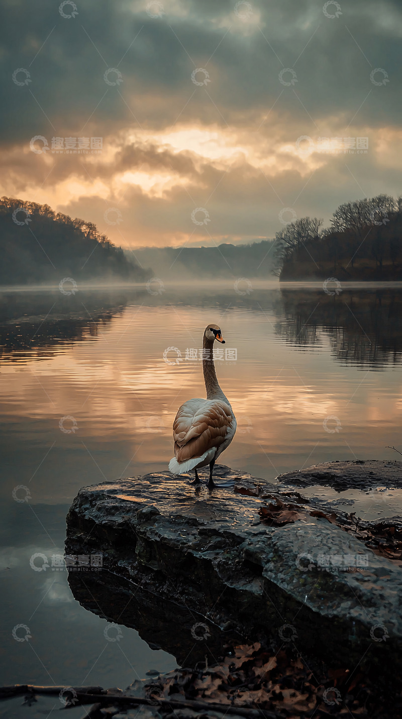 高清大图下载【趣麦麦图】日出湖边孤独天鹅