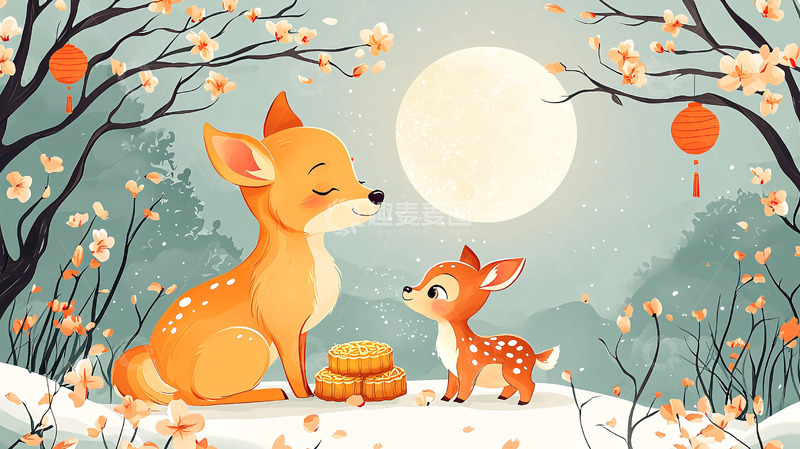 两只小鹿赏月