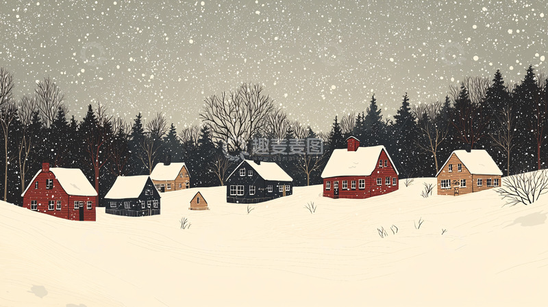 高清大图下载【趣麦麦图】冬夜雪景乡村房屋