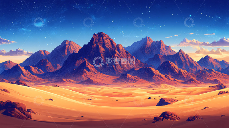 高清大图下载【趣麦麦图】沙漠山脉日落星空
