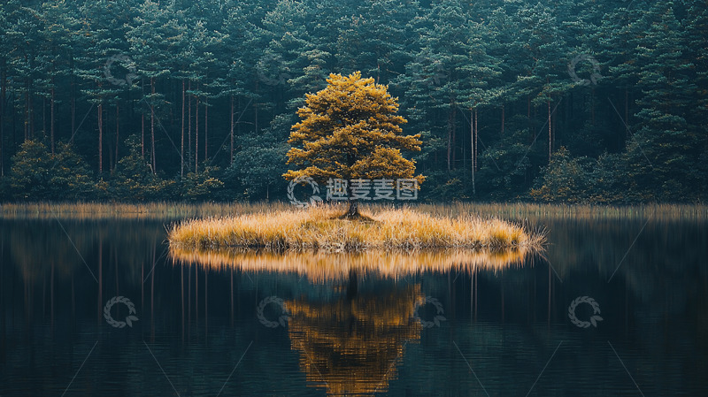 高清大图下载【趣麦麦图】孤树湖中倒影