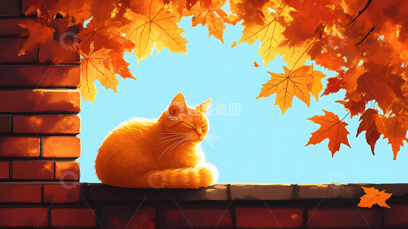 高清大图下载【趣麦麦图】卡通手绘秋天围墙上的猫咪插画1