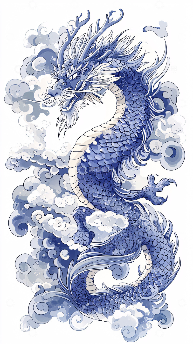 高清大图下载【趣麦麦图】青花瓷风格龙的插画
