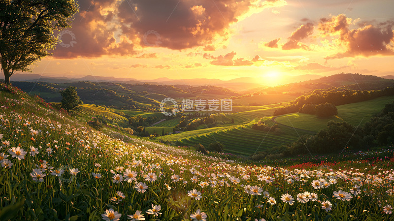 高清大图下载【趣麦麦图】夕阳下的山谷花海