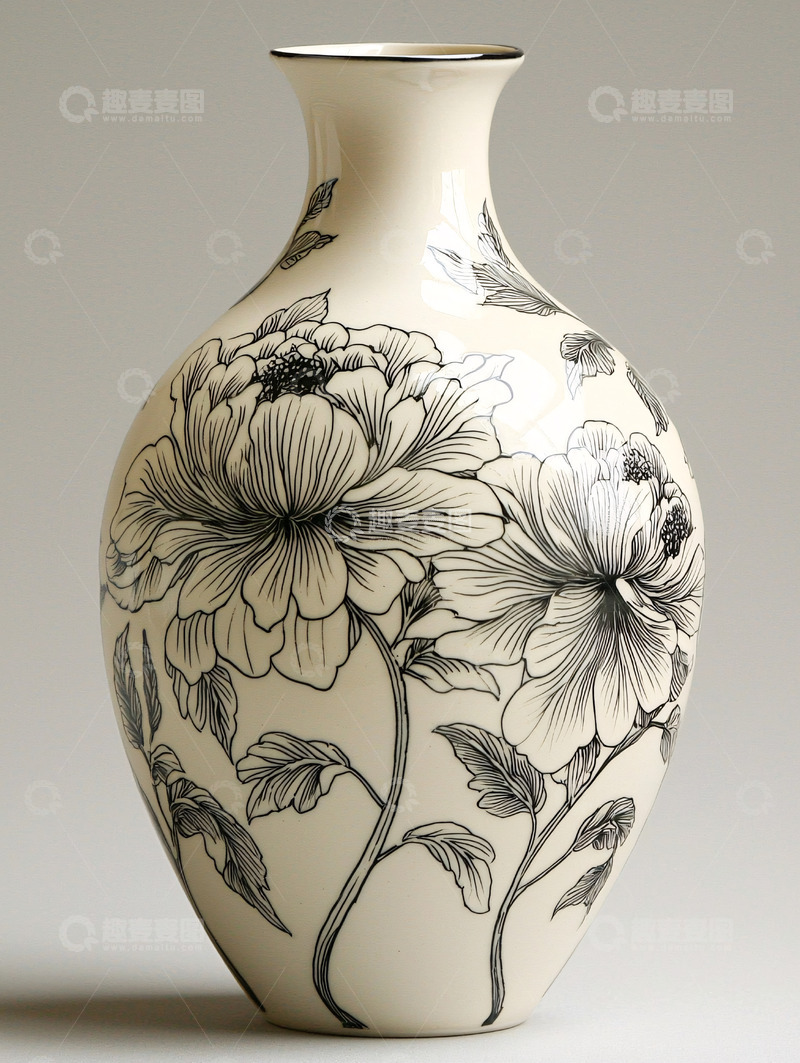高清大图下载【趣麦麦图】黑白色牡丹花纹瓷瓶