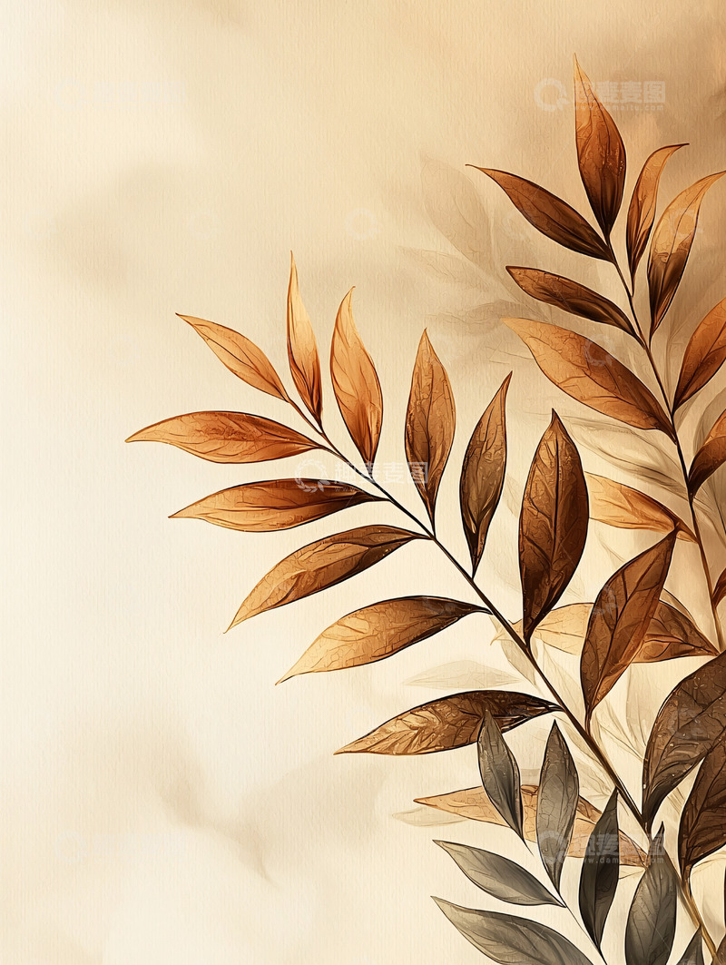 高清大图下载【趣麦麦图】棕色树叶的艺术水彩画