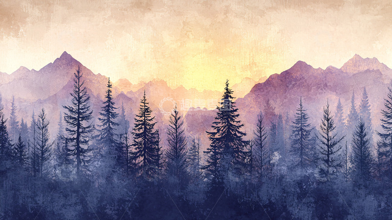 高清大图下载【趣麦麦图】水彩山脉日落