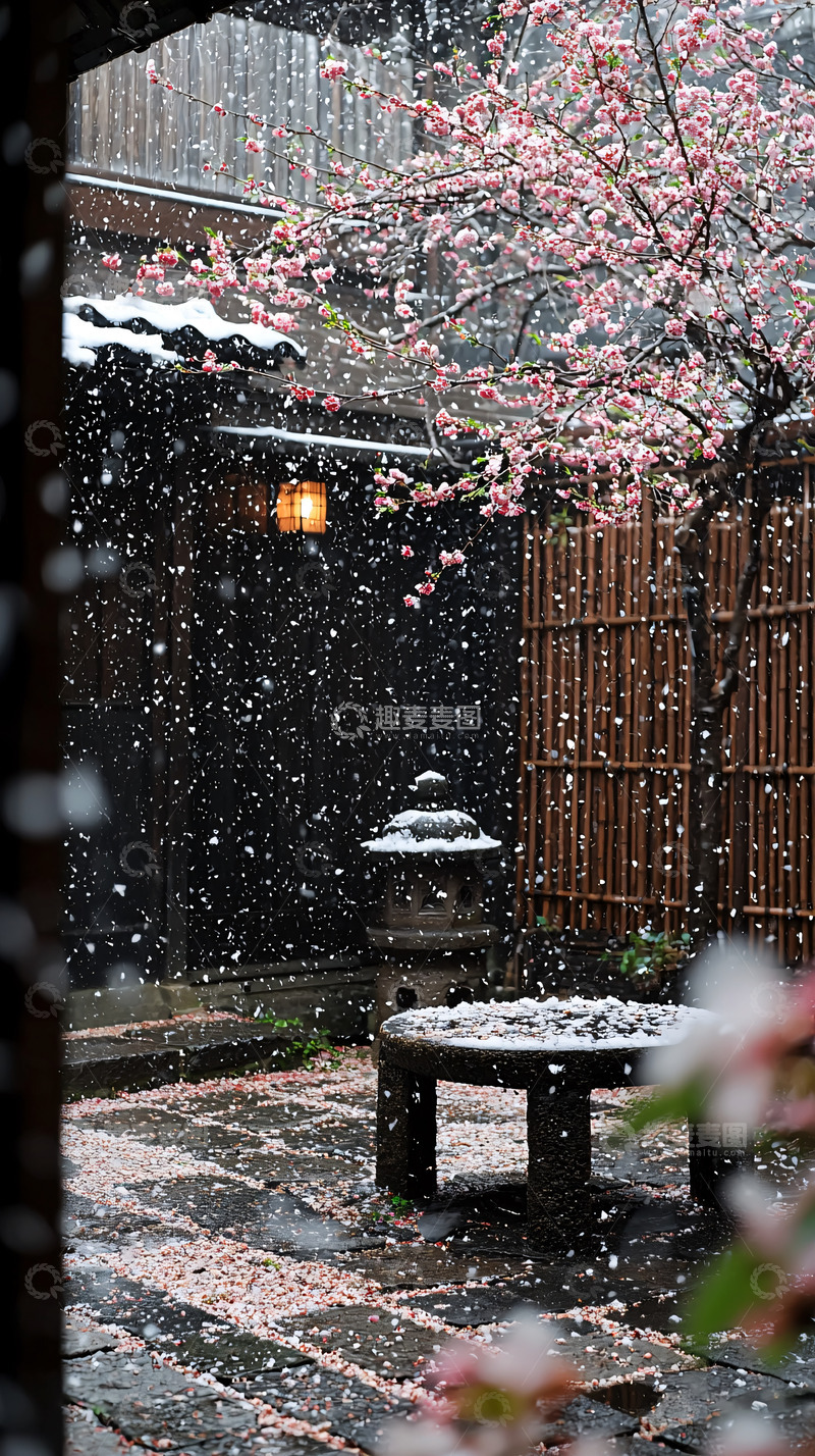 高清大图下载【趣麦麦图】庭院雪景落花浪漫唯美