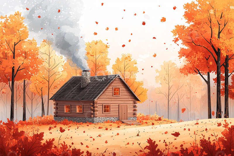 高清大图下载【趣麦麦图】秋日森林小屋