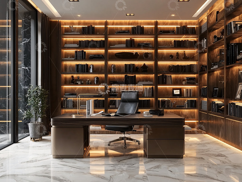 高清大图下载【趣麦麦图】奢华书房带书柜和办公桌