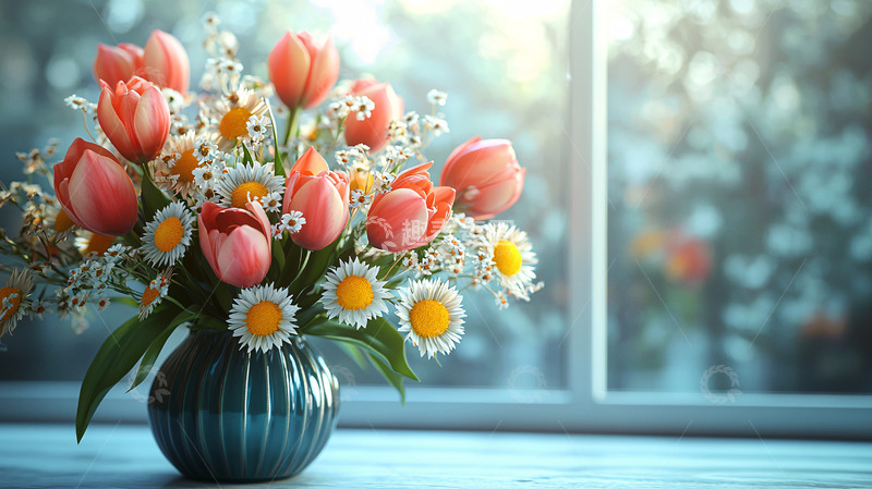 高清大图下载【趣麦麦图】窗边郁金香雏菊花束