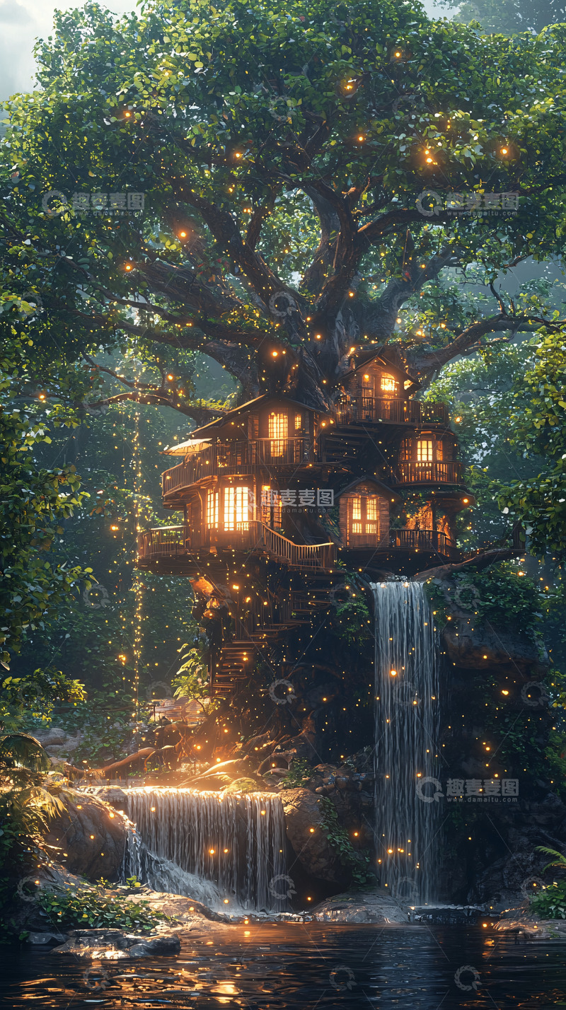 高清大图下载【趣麦麦图】梦幻树屋瀑布