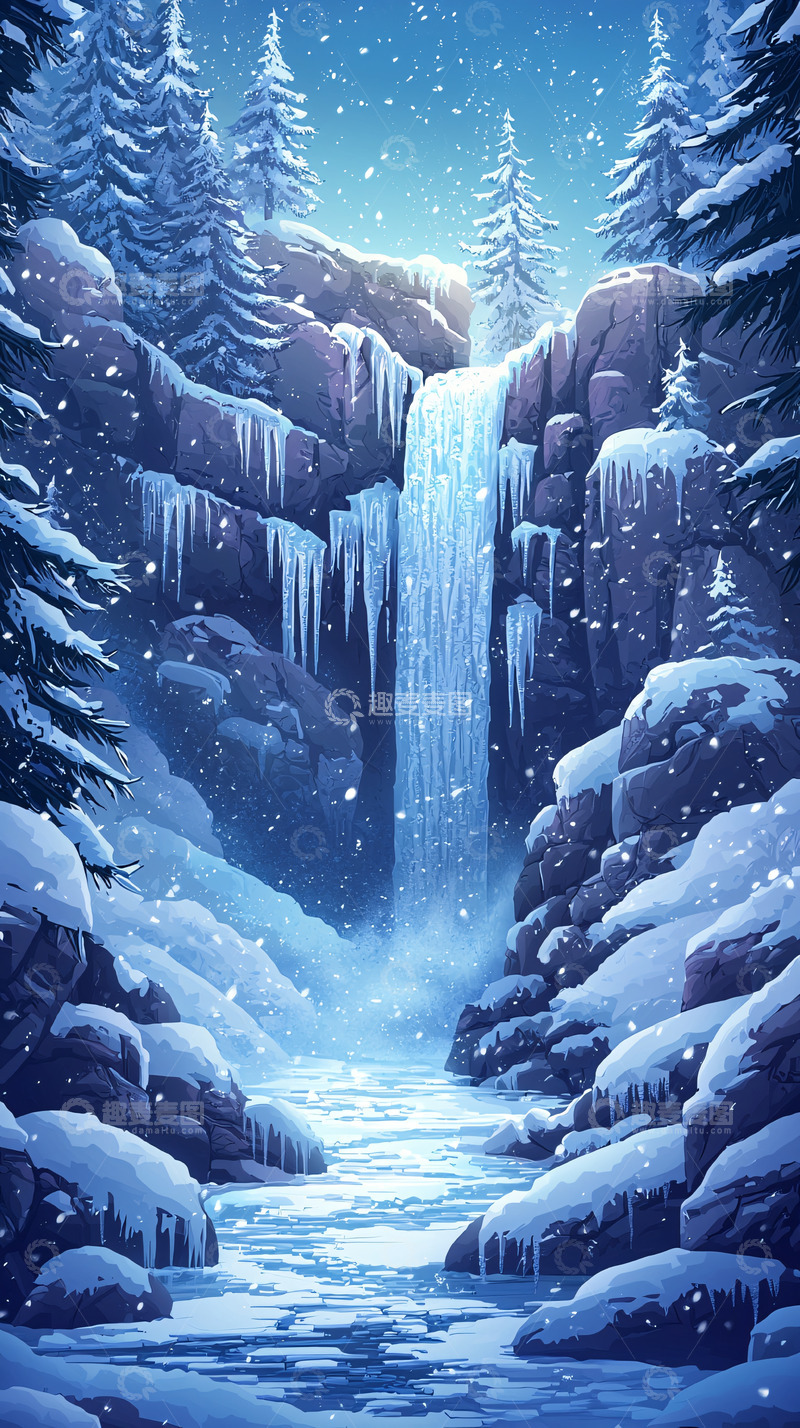 高清大图下载【趣麦麦图】雪景瀑布森林梦幻