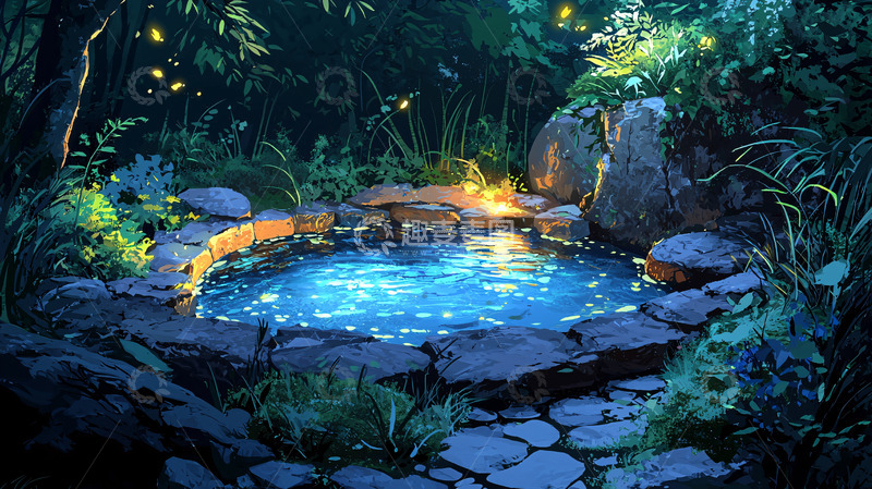 高清大图下载【趣麦麦图】夜晚森林中蓝色水池