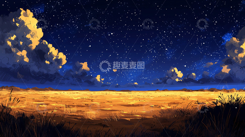高清大图下载【趣麦麦图】星空下的金黄草原