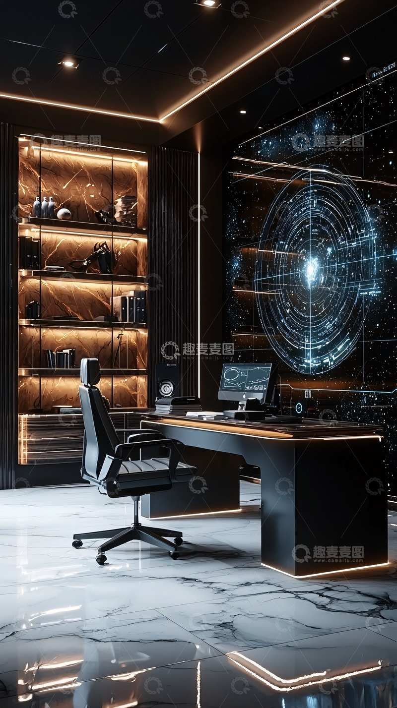 高清大图下载【趣麦麦图】极简黑色科技感书房