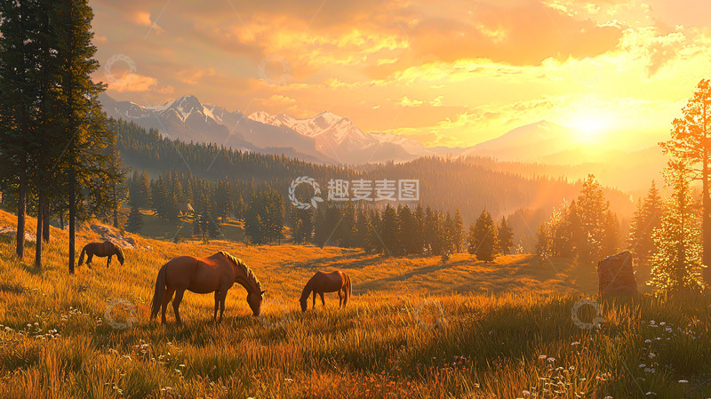 高清大图下载【趣麦麦图】金色草原上的马匹与落日