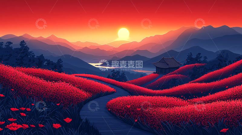 高清大图下载【趣麦麦图】红色花海山峦日落