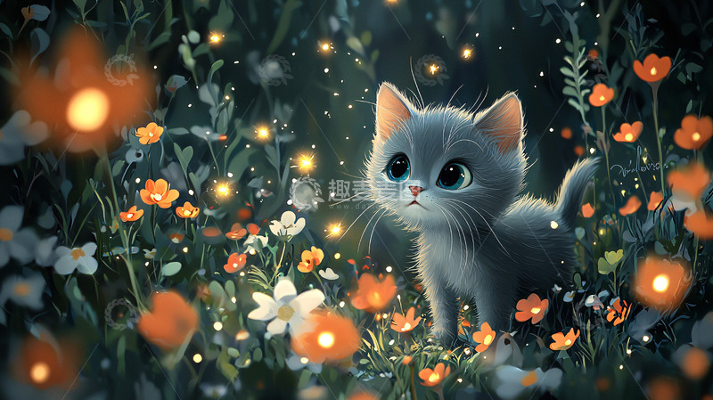 高清大图下载【趣麦麦图】小猫在萤火花海中