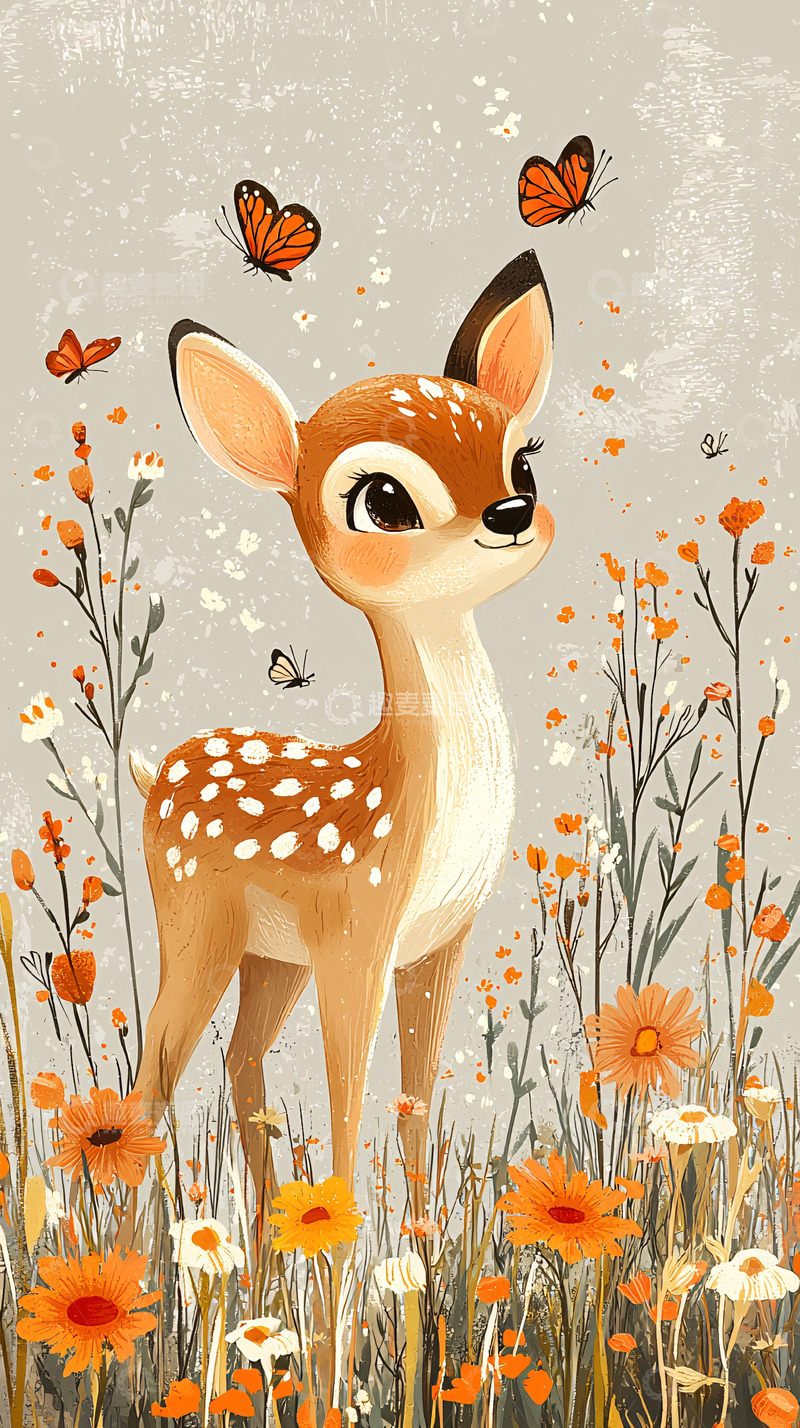 高清大图下载【趣麦麦图】小鹿花丛中与蝴蝶