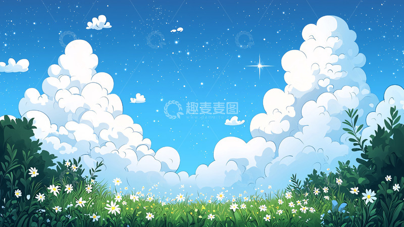 高清大图下载【趣麦麦图】蓝天白云草地星空