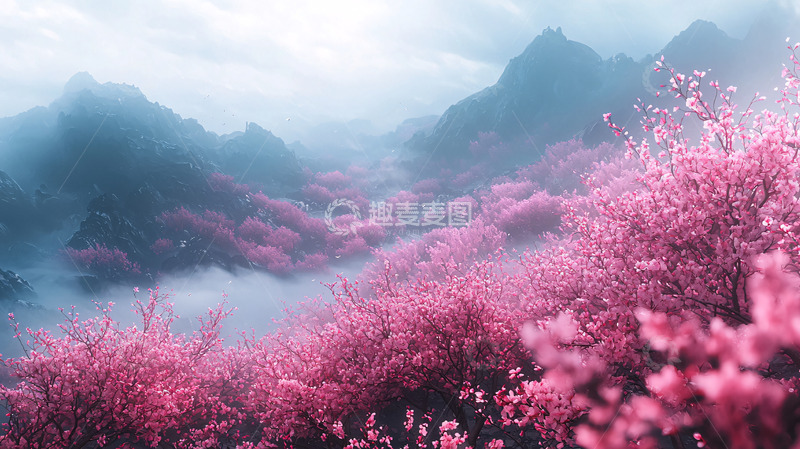 高清大图下载【趣麦麦图】雾气缭绕的粉色花海山峦