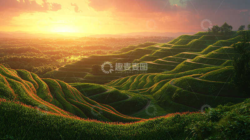 高清大图下载【趣麦麦图】日出时分绿色山峦