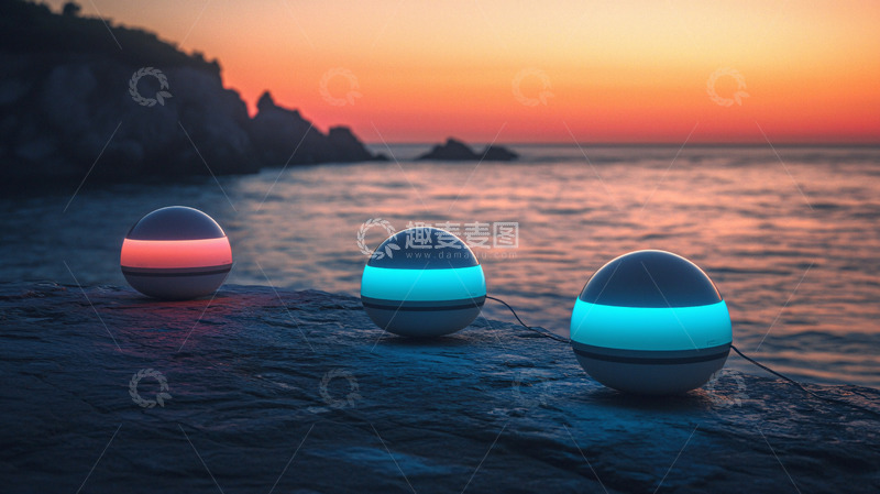 高清大图下载【趣麦麦图】海边日落三颗发光球体