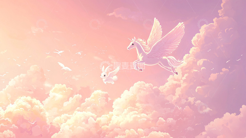 高清大图下载【趣麦麦图】粉色天空飞马兔