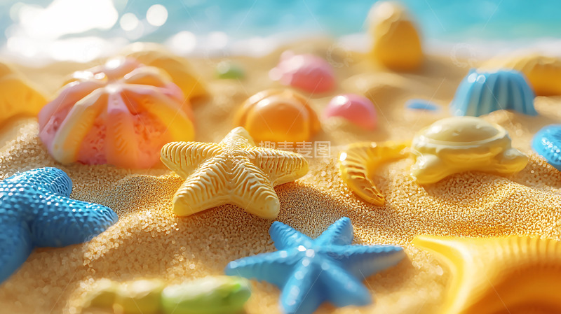 高清大图下载【趣麦麦图】沙滩上的彩色贝壳玩具