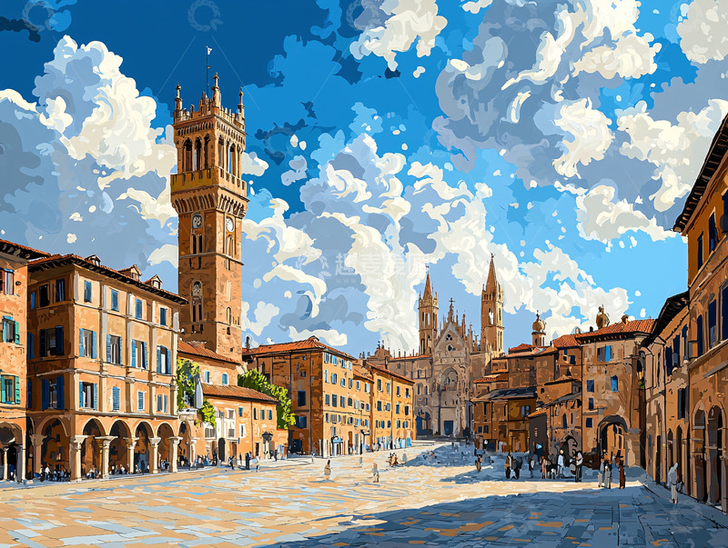 高清大图下载【趣麦麦图】阳光明媚的意大利小镇广场