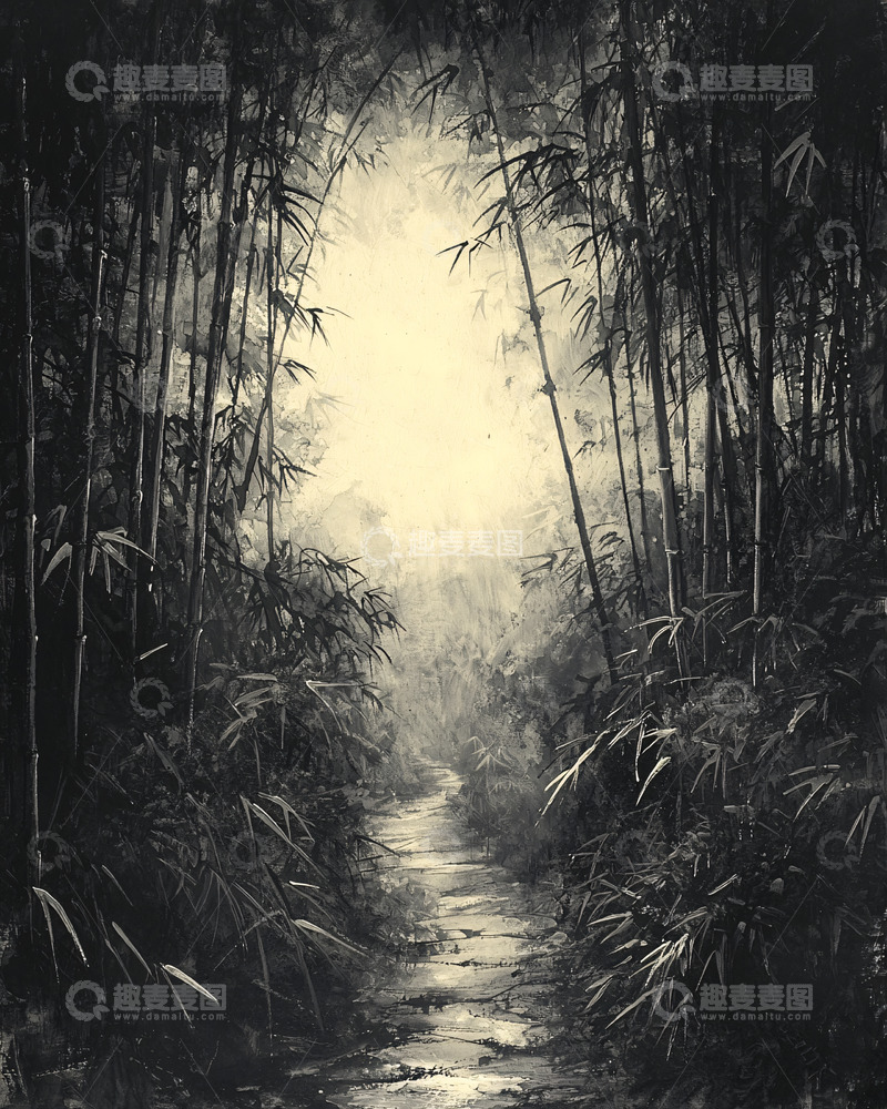 高清大图下载【趣麦麦图】水墨竹林小径